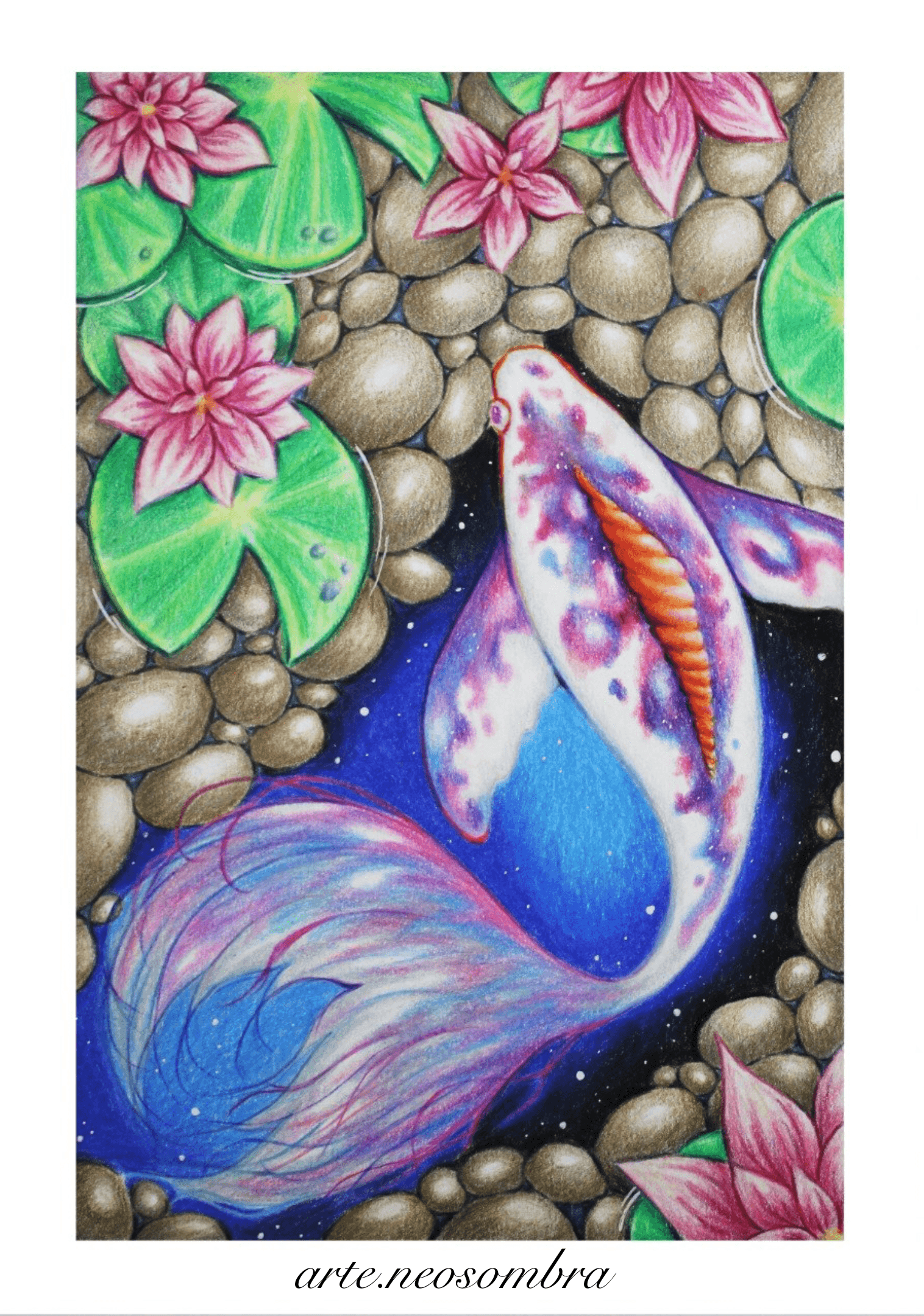 Print de ilustración carpa Koi Galáctico. Impresa en papel 300g tamaño A5